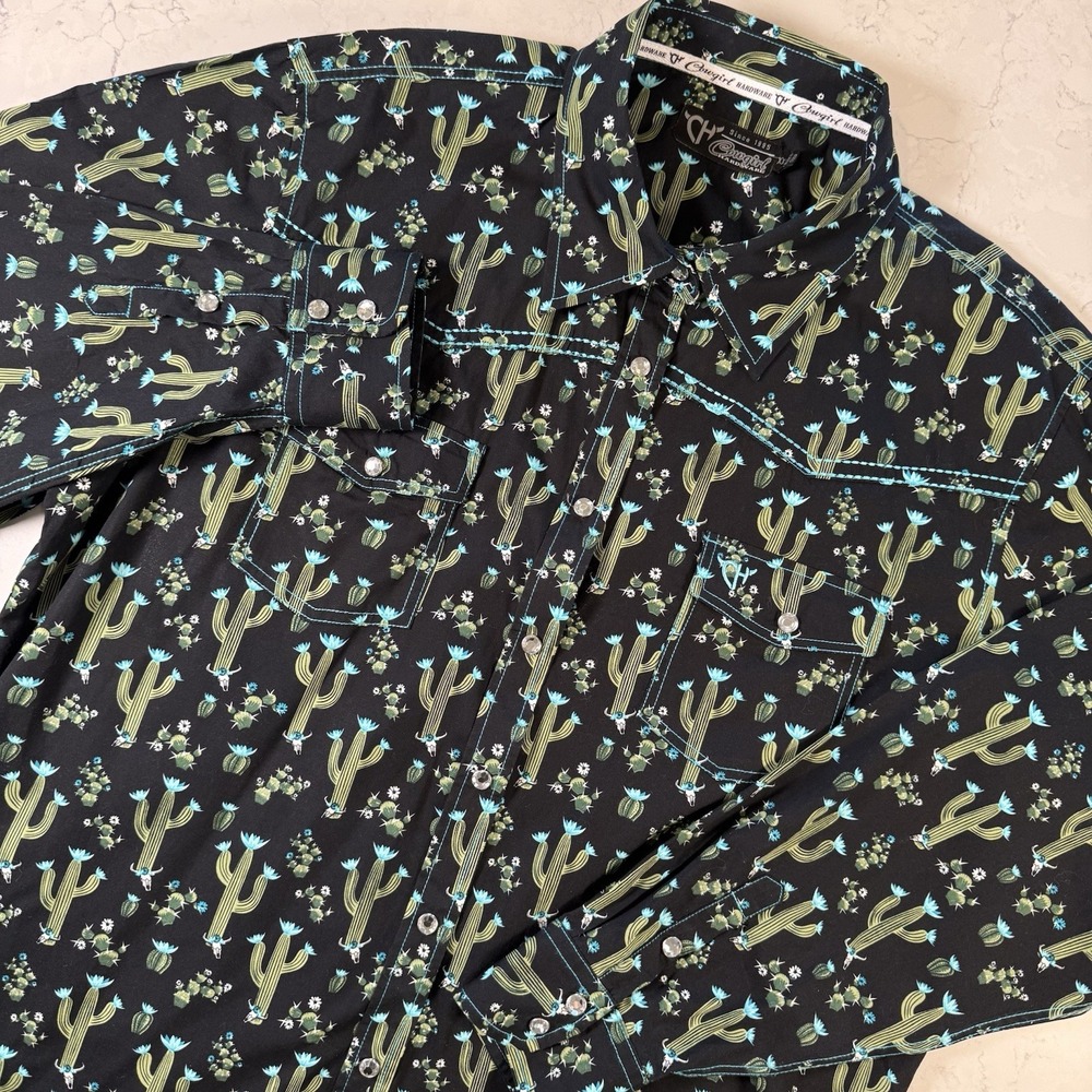 Cowgirl Hardware Womens XXL Cactus Western Shirt Pearl Snap Rhinestone Black 2XL